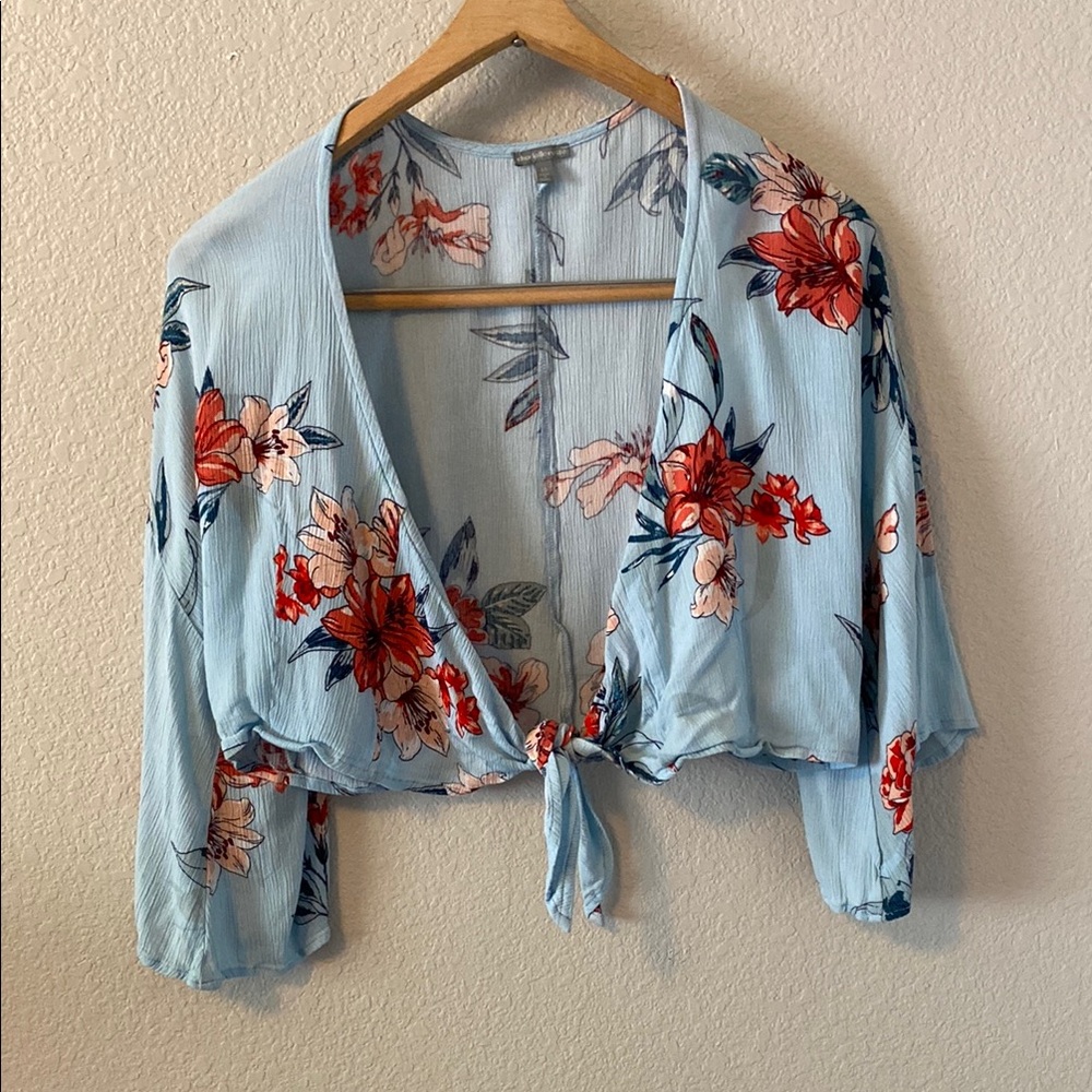 Charlotte Russe Blue Red 3/4 Sleeve Tie Front Blouse